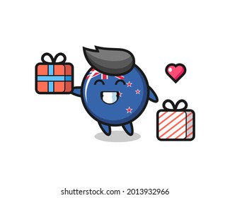 new zealand flag badge mascot cartoon giving the gift , cute style design for t shirt, sticker, logo element