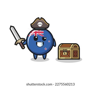 the new zealand flag badge pirate character holding sword beside a treasure box , cute style design for t shirt, sticker, logo element