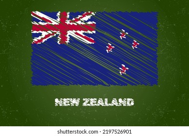 New Zealand flag with chalk effect on green chalkboard, hand drawing country flag concept, green blackboard with New Zealand flag, chalk texture, flag for kids, classroom material