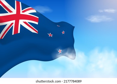New Zealand flag in the clouds. Vector flag waving in the sky. National day realistic flag illustration. Blue sky vector.