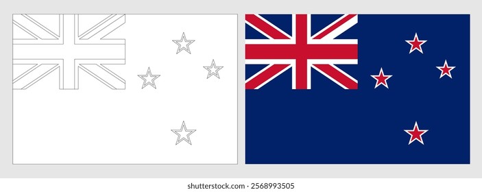 New Zealand flag - coloring page. Set of white wireframe thin black outline flag and original colored flag.