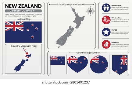 New Zealand Flag and Country Map Infographic Vector Illustration for Educational Use.