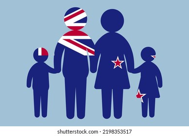 New Zealand flag with family concept, vector element, parent and kids holding hands, immigrant idea, happy family with New Zealand flag, flat design asset