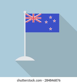 New Zealand flag with flagpole flat icon with long shadow. Vector illustration EPS10