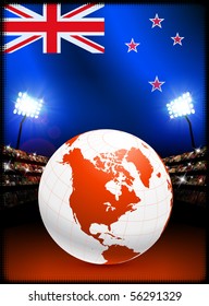 New Zealand Flag with Globe on Stadium Background Original Illustration