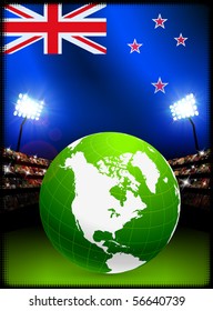 New Zealand Flag with Globe on Stadium Background Original Illustration