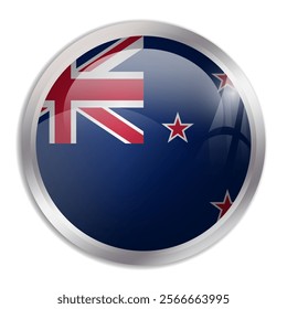 New Zealand flag - glossy circle button displays a colorful flag representing a country cultural identity and heritage. The essence of national pride and unity.