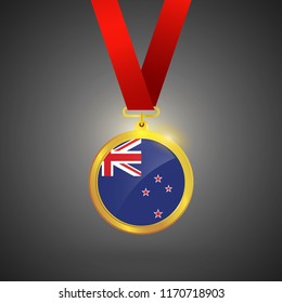 New Zealand Flag in gold Medal, Golden Badge, Sport Game Golden Challenge Award. Vector Illustration.