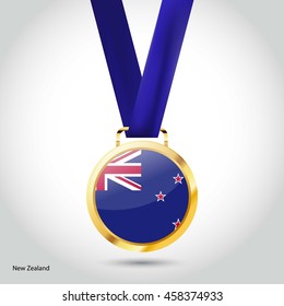 New Zealand Flag in gold Medal. Vector Illustration. RIO Olympic Game gold Medal. Vector Illustration