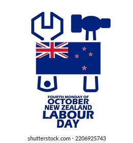 New Zealand flag with hammer and wrench icon with bold text on white background to commemorate New Zealand Labour Day on October 24