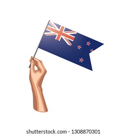 New Zealand flag and hand on white background. Vector illustration