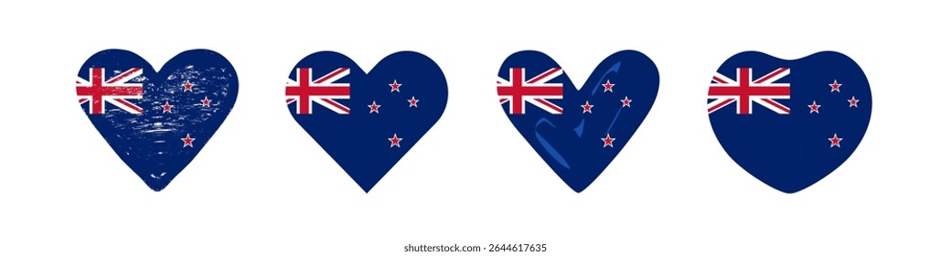 New Zealand flag heart collection. Set of creative NZ flags inside of hearts. Cute heart shapes. Holiday or travel icons. Web special offer button concept. Isolated graphic design. Branding concept.
