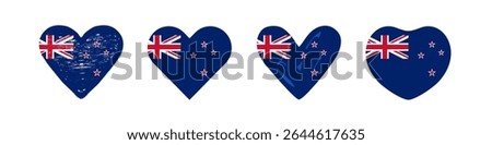 New Zealand flag heart collection. Set of creative NZ flags inside of hearts. Cute heart shapes. Holiday or travel icons. Web special offer button concept. Isolated graphic design. Branding concept.