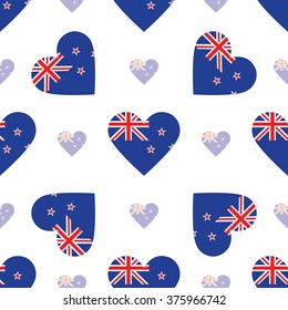 New Zealand flag heart seamless pattern. Patriotic New Zealand flag background. Country flag in the shape of heart. Vector seamless pattern.