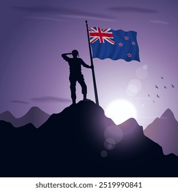 New Zealand Flag hoisted on a mountain peak with a purplish sunset in the background, vector illustration