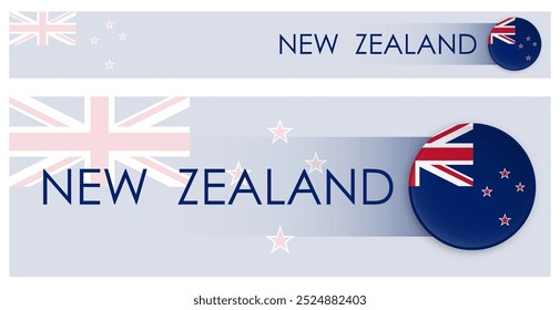 New Zealand flag horizontal web banner in modern neomorphism style. Webpage New Zealand country header button for mobile application or internet site. Vector