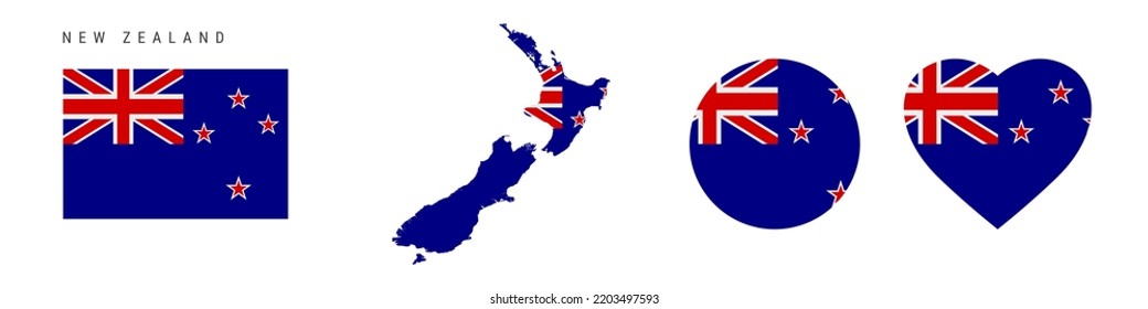 New Zealand flag icon set. Kiwi pennant in official colors and proportions. Rectangular, map-shaped, circle and heart-shaped. Flat vector illustration isolated on white.