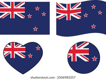 New Zealand flag icon. Waving New Zealand Flag. Heart New Zealand flag. Round New Zealand flag. flat style.