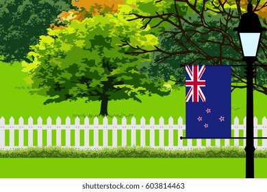 New Zealand Flag, Landscape of Park, Trees, Fence wooden and Street light Vector Illustration 