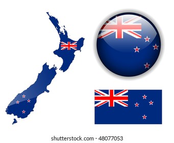 New Zealand  flag, map and glossy button, vector illustration set.