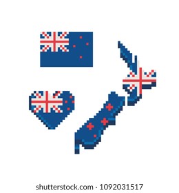 New Zealand flag and map pixel art icons set. New Zealand national flag in heart shape and on banner. Embroidery, sticker, mobile app and logo design. 8-bit. Isolated vector  illustration.