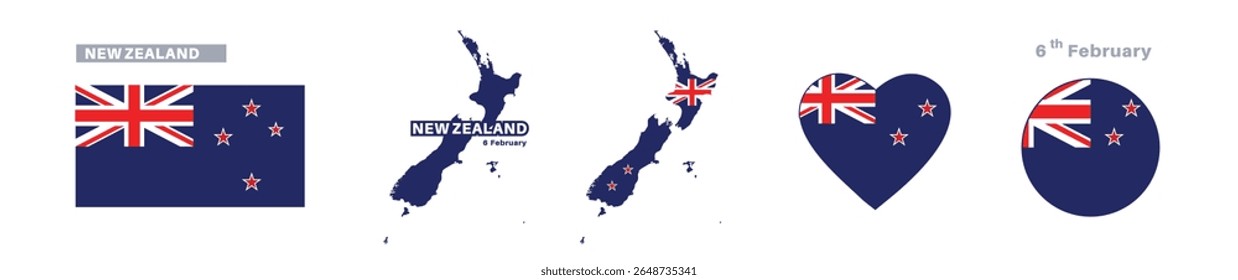 bandeira e conjunto de mapas da nova zelândia. bandeira da nova zelândia em cores e proporções oficiais. dia da independência 6 de fevereiro , mapa, círculo e coração moldados na nova zelândia