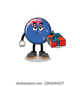 new zealand flag mascot illustration giving a gift , character design