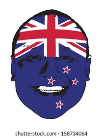 A New Zealand flag on a face, isolated against white. 