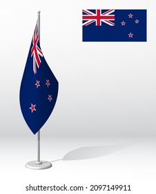 NEW ZEALAND flag on flagpole for registration of solemn event, meeting foreign guests. National independence day of NEW ZEALAND. Realistic 3D vector on white