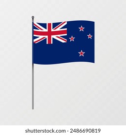 New Zealand flag on flagpole. Vector illustration.