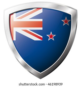 New Zealand flag on metal shiny shield vector illustration. Collection of flags on shield against white background. Abstract isolated object.