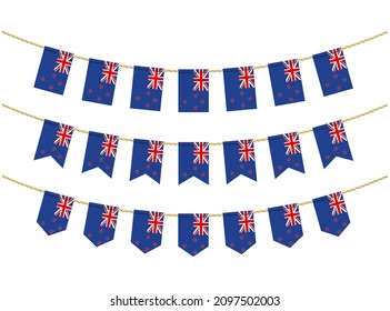 New Zealand flag on the ropes on white background. Set of Patriotic bunting flags. Bunting decoration of New Zealand flag