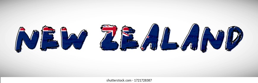 New Zealand flag on text typography. Country name banner strip. Creative typography background