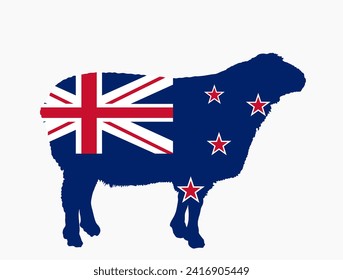 New Zealand flag over sheep vector silhouette illustration isolated on white background. Lamb meat. Domestic farm animal symbol. Oceania territory. United Kingdom state.