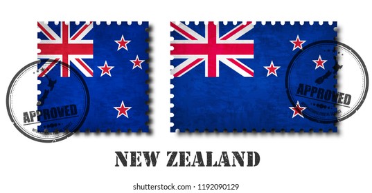 Nuevo sello postal de patrón de bandera de celo con textura de arañazos antigua y pegar un sello en el fondo aislado . Nombre de país de color negro con abrasión. Forma cuadrada y rectangular. Vector .