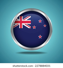 The New Zealand flag. Round glossy. Silver frame. Isolated on color gradient background