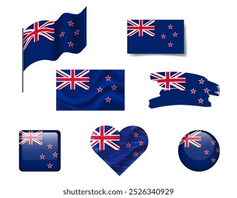 New Zealand flag set of icons. Vector flag of New Zealand, symbol. Set of New Zealand flags button, waved, heart.