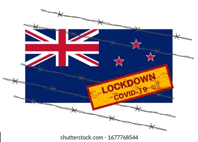 New Zealand flag with signboard lockdown warning security due to coronavirus crisis covid-19 diseas design with barb wired isolate vector