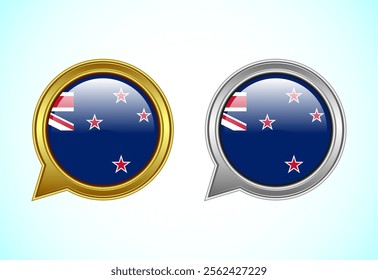 New Zealand flag speech bubble. Speaking flag icon in gold and silver color