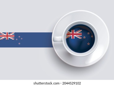 New Zealand flag with a tasty coffee cup on top view and a gradient background. Hot beverage with New Zealand flag, vector illustration. 
