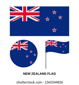 New Zealand flag. Vector. Official national country symbol of New Zealand with Union Jack in circle and on stick. Colorful blue red colors illustration. Isolated icon.