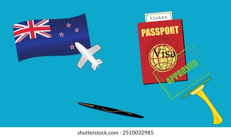 New Zealand flag with white plane icon. Passport with visa approved stamp. Black stylish Pen. New Zealand Travel poster. Editable vector EPS available