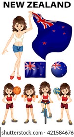 New Zealand flag and woman athlete illustration