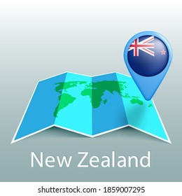 New Zealand flag world map in pin with name of country