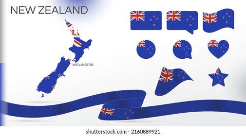 New Zealand flags set. Various designs. Map and capital city. World flags. Vector set. Circle icon. Template for independence day. Collection of national symbols. Ribbon with colors of the flag.