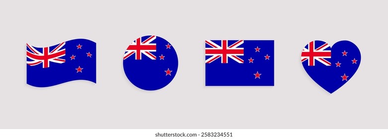 New Zealand flags vector set. Geometric shapes. New Zealand's official symbols collection. Web, national, travel design elements. rectangle, round, love heart and waved flagstaff isolated icons.