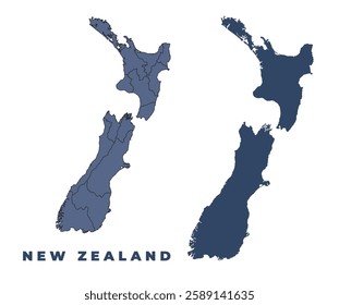 New Zealand flat and outline vector map set