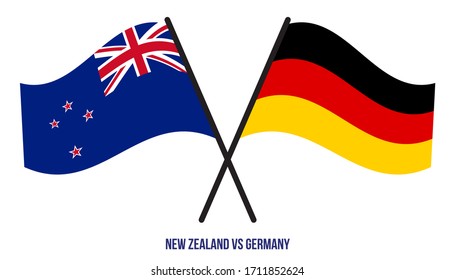 New Zealand and Germany Flags Crossed And Waving Flat Style. Official Proportion. Correct Colors.