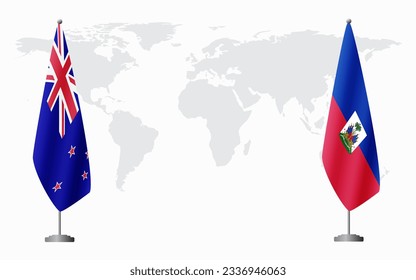 New Zealand and Haiti flags for official meeting against background of world map.