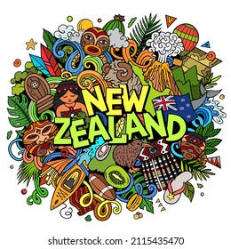 New Zealand hand drawn cartoon doodle illustration. Funny design. Creative vector background. Handwritten text with Oceania Country elements and objects. Colorful composition